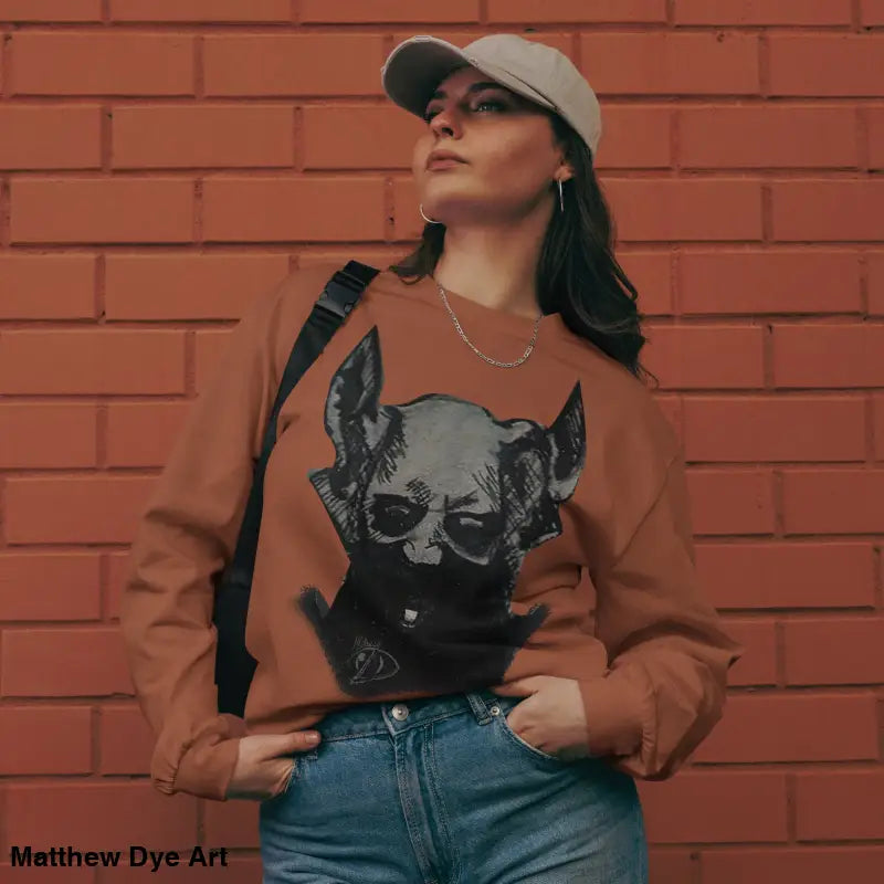 Woman in a brown sweatshirt with skull graphic from Sinister Embrace premium long sleeve