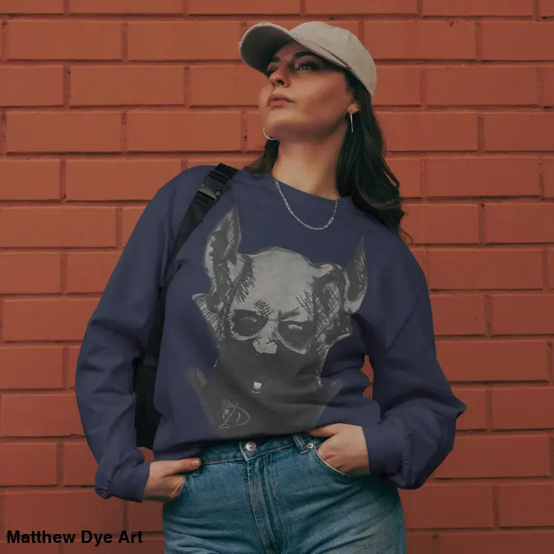 Woman in a premium long sleeve Sinister Embrace graphic sweatshirt, showcasing gothic style