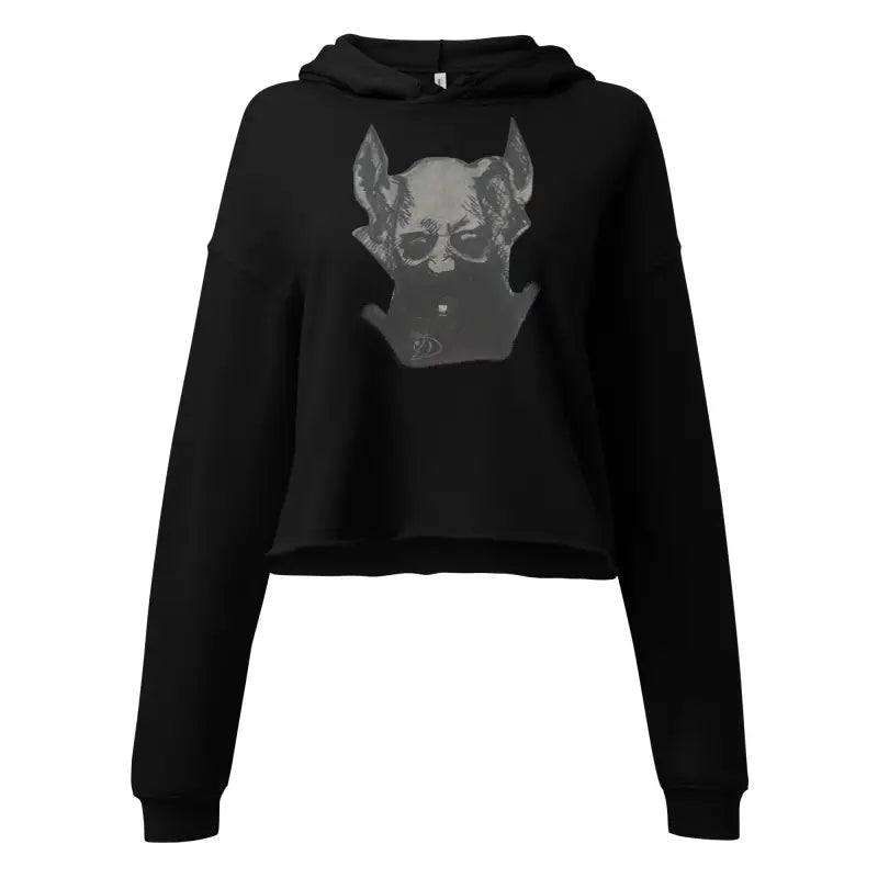 Black hooded sweatshirt featuring sinister figure design and dropped shoulder cut