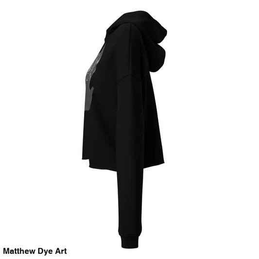 Black cropped hoodie featuring a sinister figure design and dropped shoulder cut