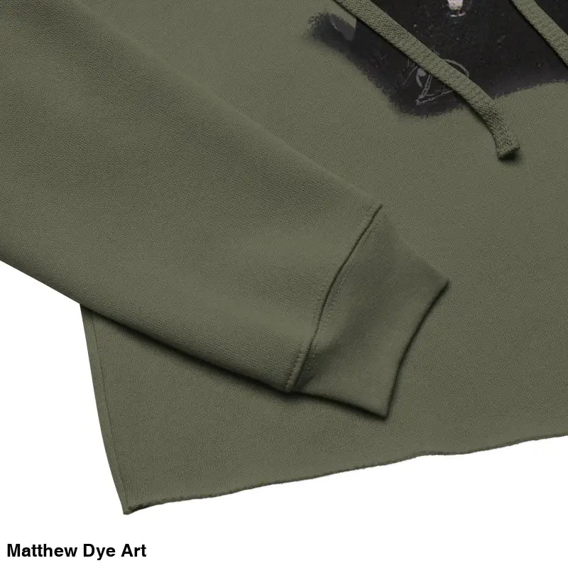 Olive green hoodie sleeve featuring a dropped shoulder cut and sinister figure design