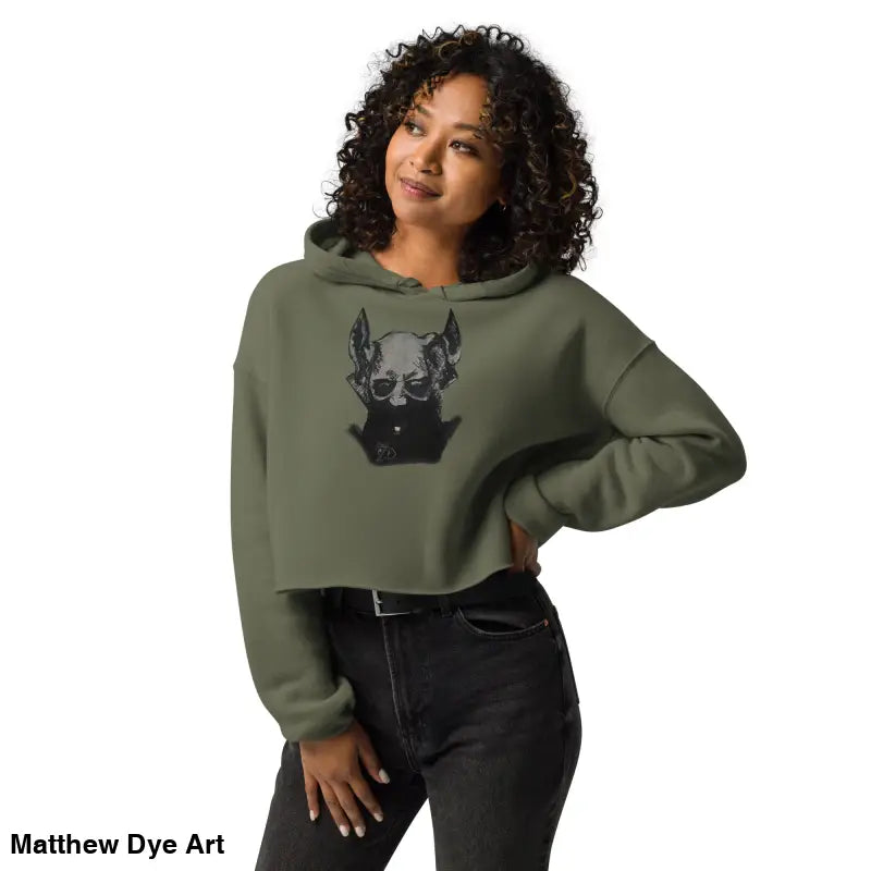 Woman modeling the Sinister Entity Gothic Horror Crop Hoodie with dropped shoulder cut
