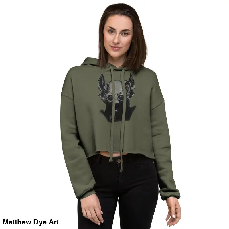 Woman models Sinister Entity Gothic Horror Crop Hoodie featuring sinister figure design