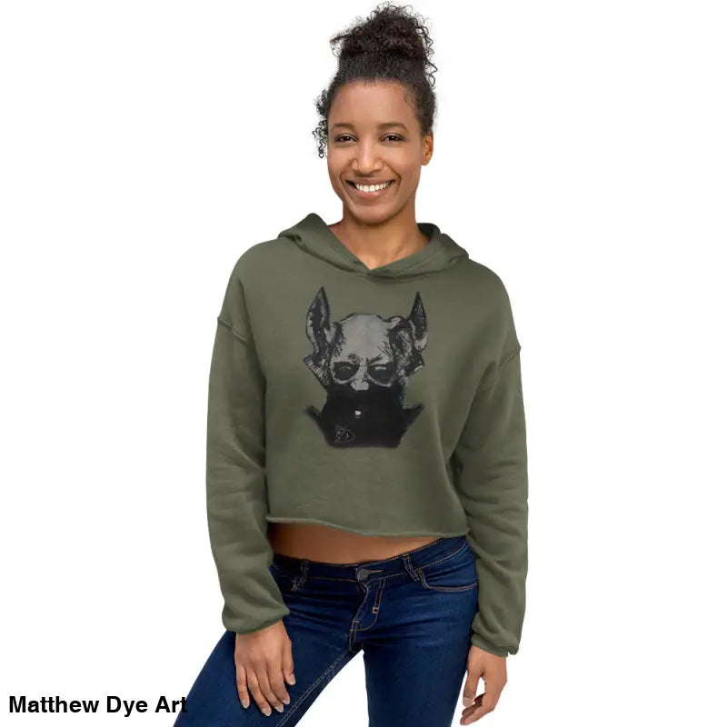 Woman wearing a Gothic Horror Crop Hoodie featuring sinister figure design and dropped shoulder cut