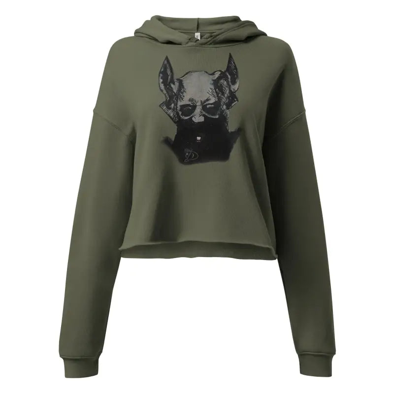 Olive green cropped hoodie featuring sinister figure design and dropped shoulder cut