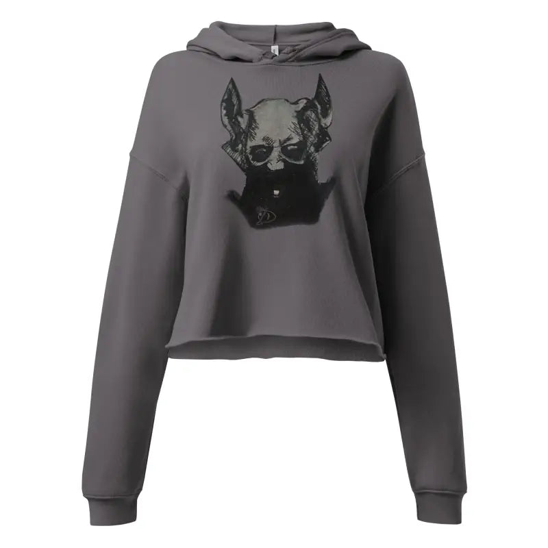 Gray cropped hoodie featuring a sinister figure design with exaggerated pointed ears