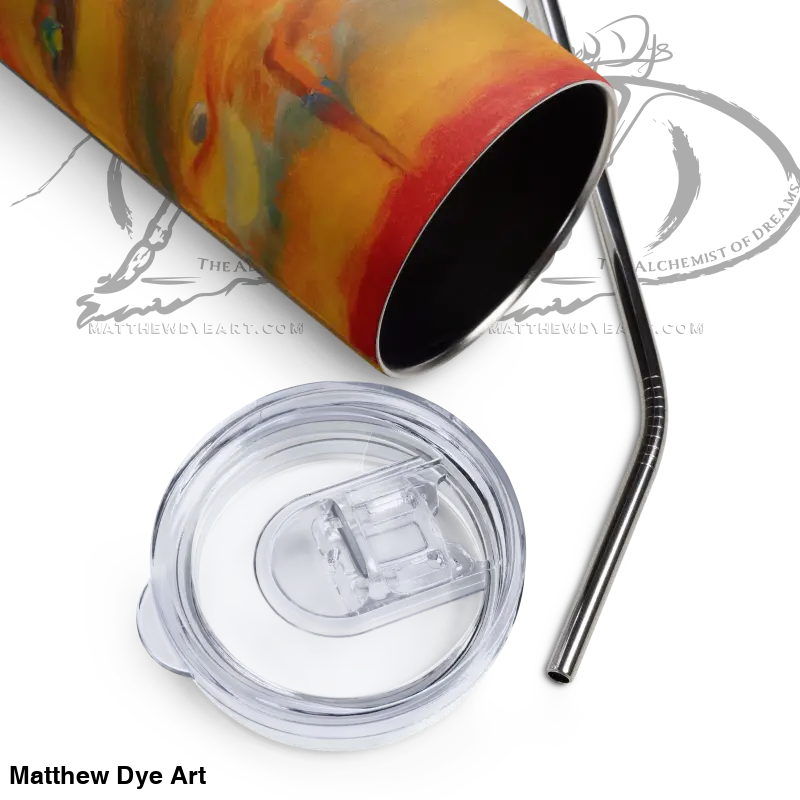Clear plastic tumbler lid with straw opening next to Above the Shadows Stainless Steel Tumbler