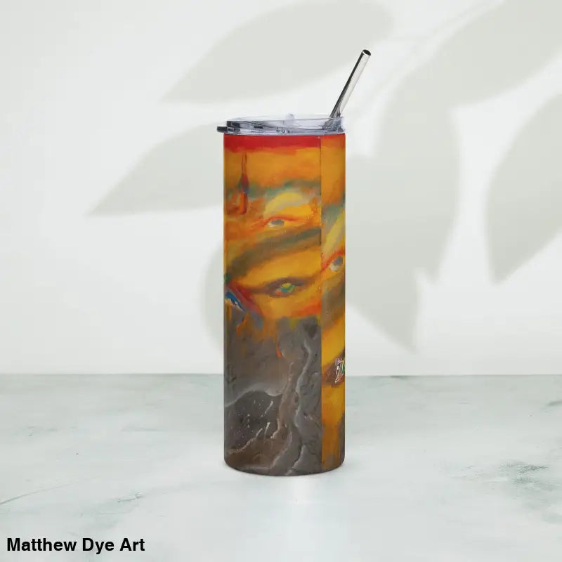 Tall insulated stainless steel tumbler featuring an orange and gray abstract design