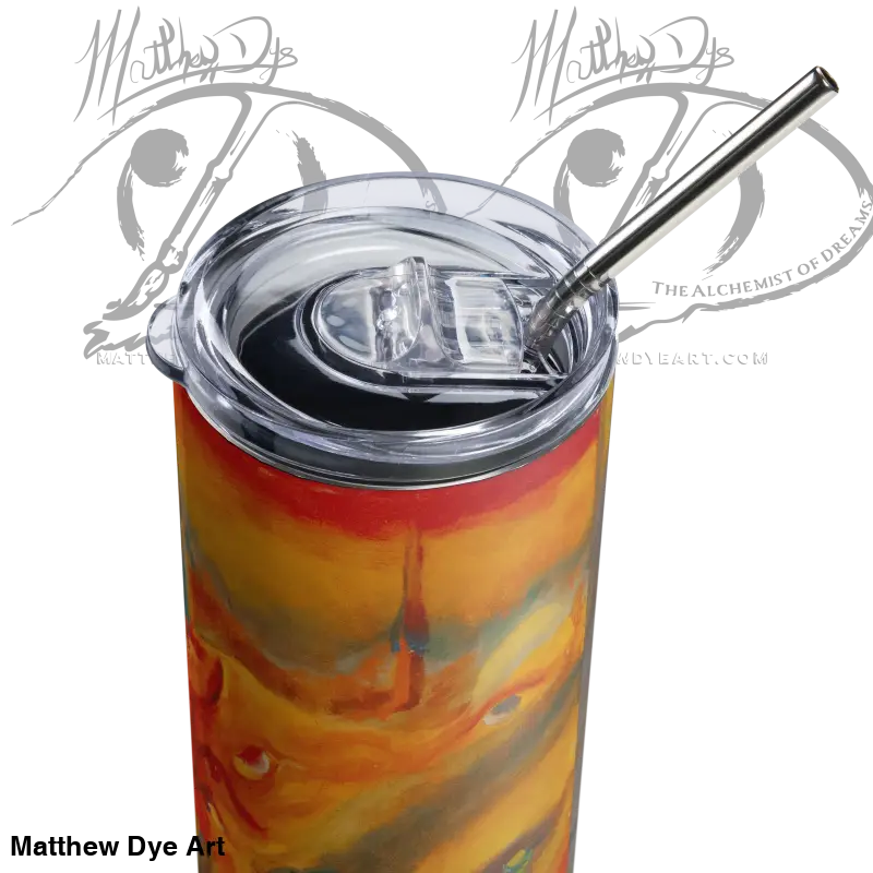 Insulated stainless steel tumbler featuring swirled orange and red art for sipping pleasure