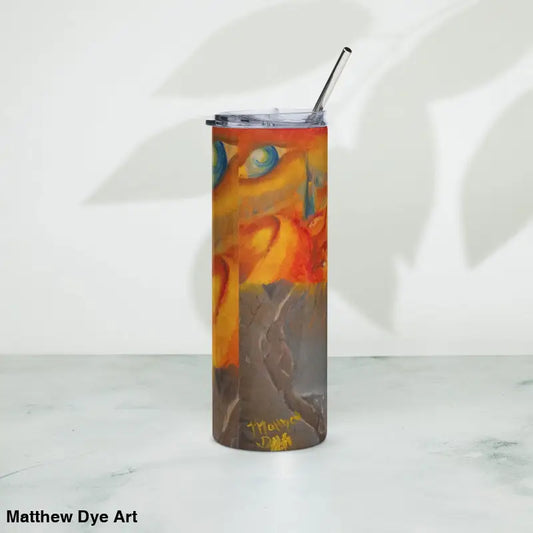 Colorful Above the Shadows stainless steel tumbler with abstract orange and brown art design