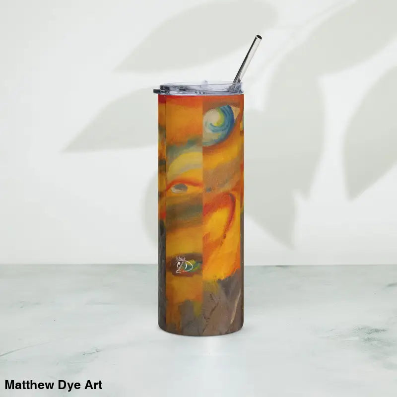 Tall insulated stainless steel tumbler with an abstract orange and brown design, Above the Shadows
