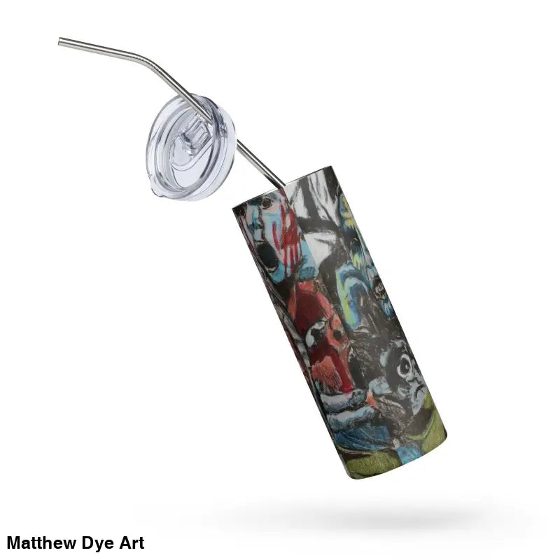 Colorfully decorated Romero Zombie Tumbler featuring iconic zombie art design and straw