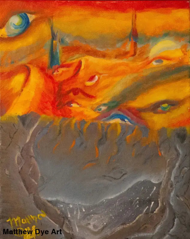 Abstract art mug featuring vibrant orange and red swirls against dark gray tones