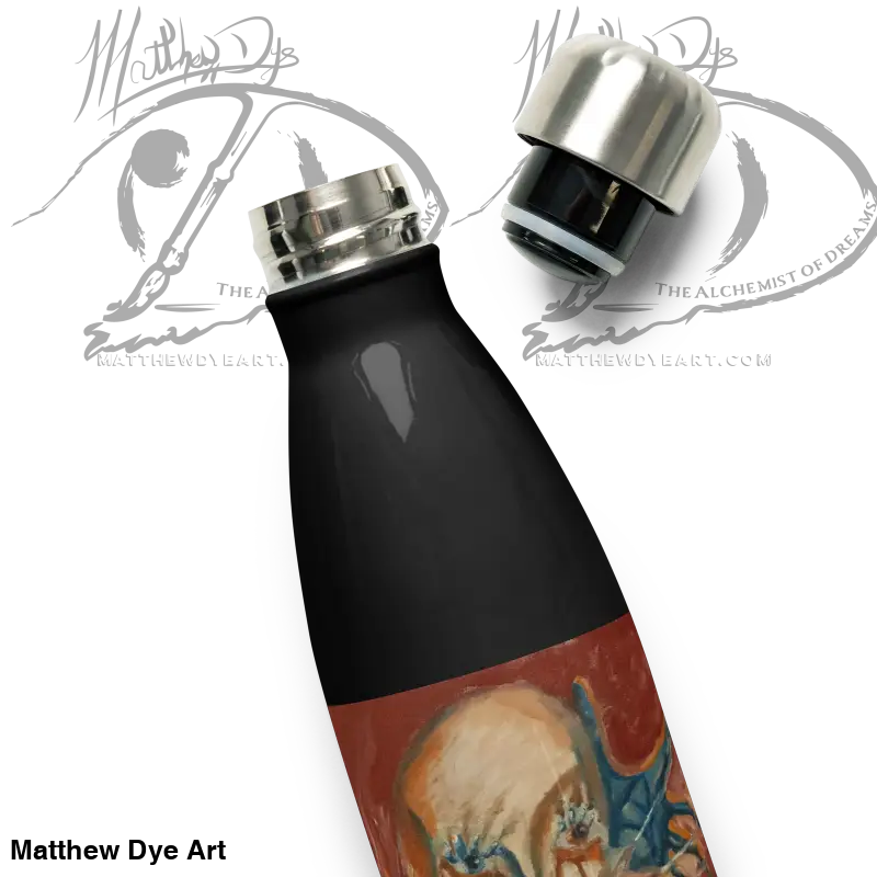Black stainless steel water bottle with artistic design and double-walled vacuum insulation