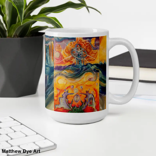 White glossy mug with cosmic abstract artwork in vibrant orange, blue, and yellow patterns