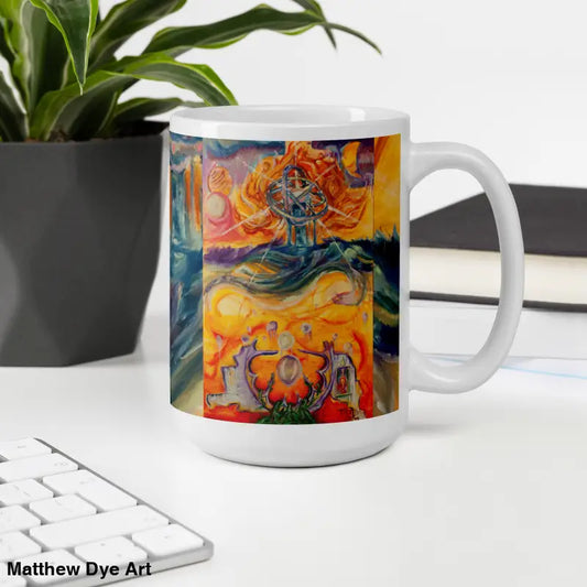 White glossy mug with cosmic abstract artwork in vibrant orange, blue, and yellow patterns