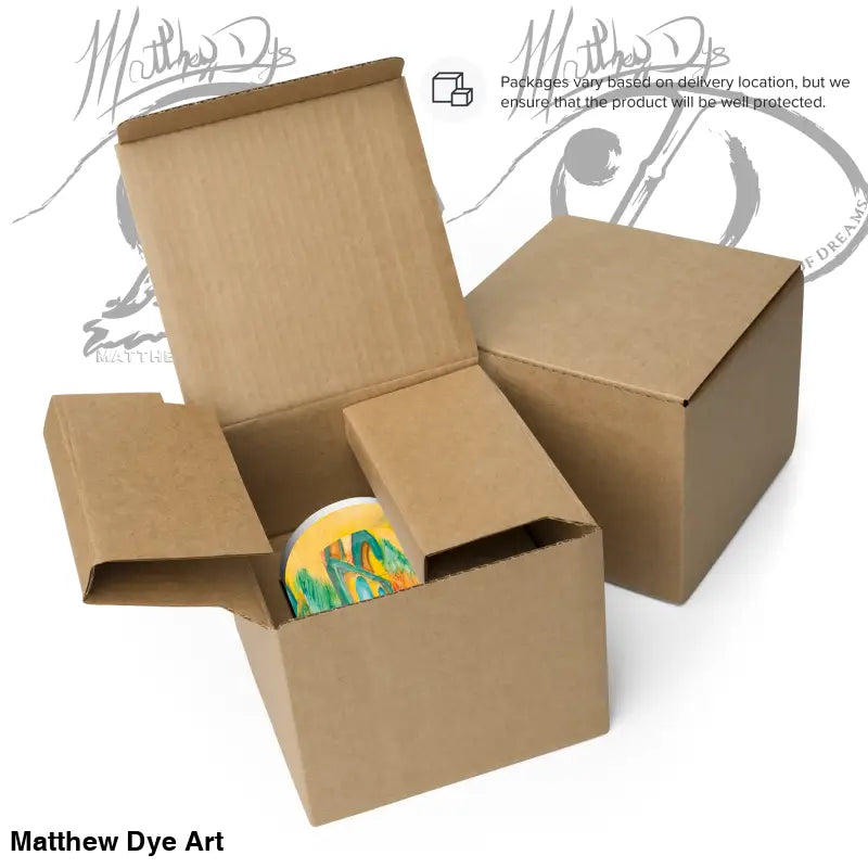 Brown cardboard shipping boxes with colorful contents and Drink with Saturn’s Swirl Mug