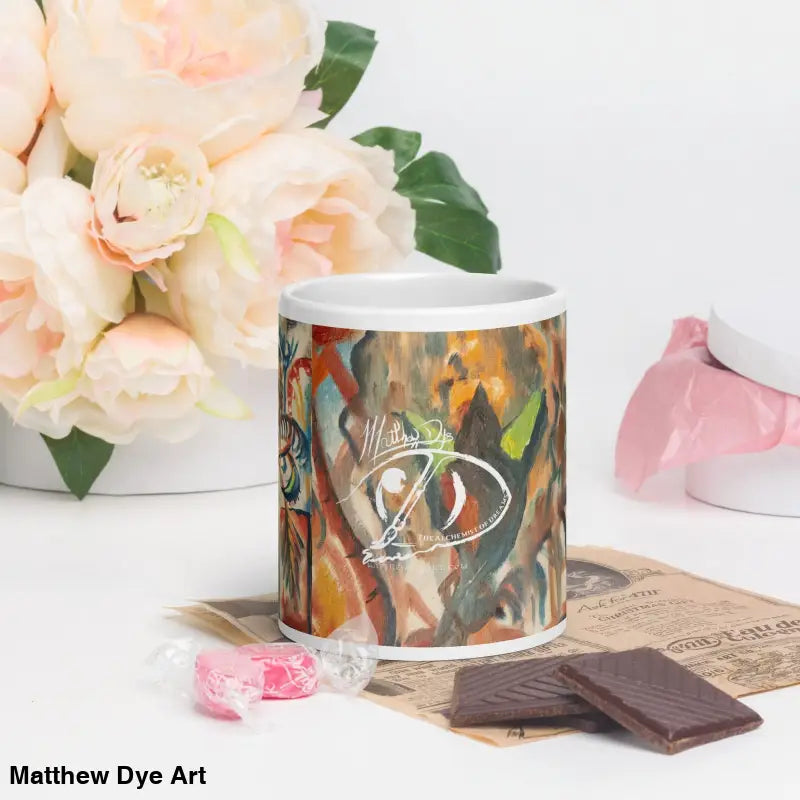 Decorative Voynich Ceramic Mug featuring abstract earth tone design for botanical coffee and tea bliss