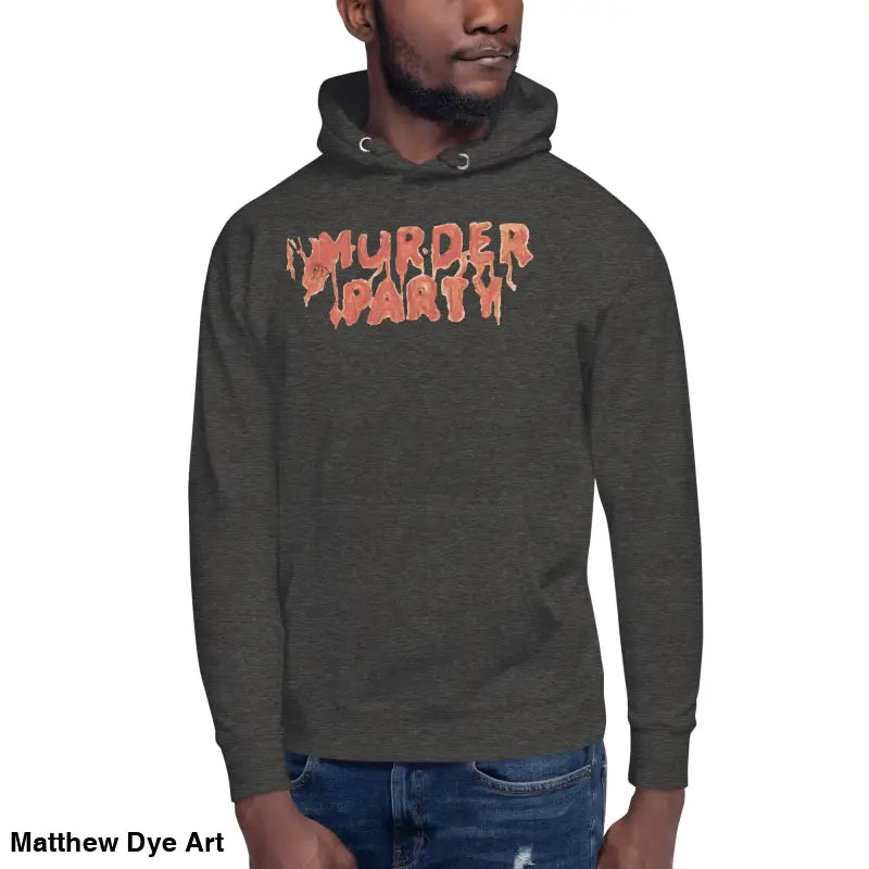 Stylish Gray Murder Party Hoodie, perfect for fall, made from super soft fleece
