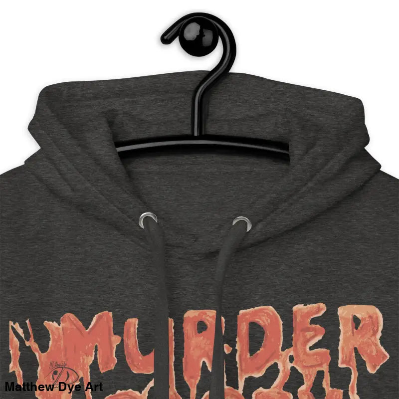Gray hoodie on hanger, perfect for fall, featuring a stylish Murder Party design