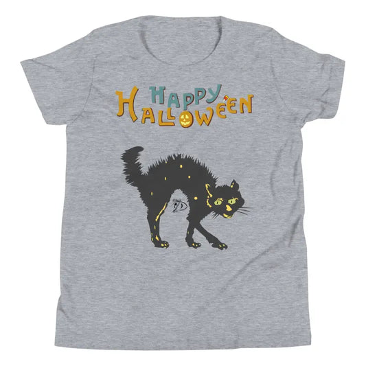 Gray youth Halloween short sleeve t-shirt featuring a happy Halloween black cat design