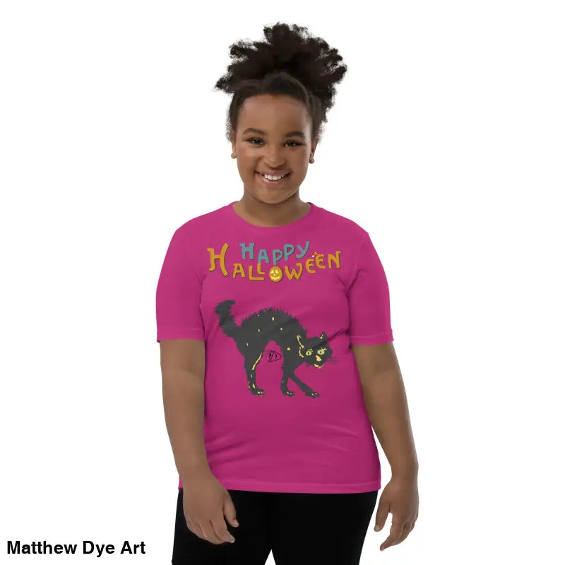Pink Halloween t-shirt featuring a happy Halloween black cat design for youth