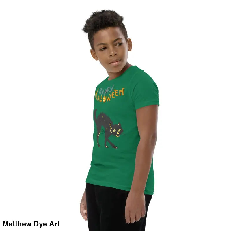 Green Halloween-themed t-shirt featuring a Happy Halloween black cat design for youth wear