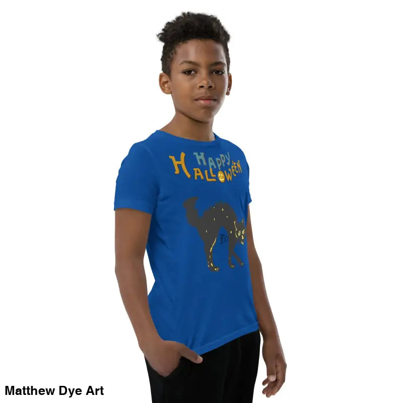 Blue Halloween-themed youth t-shirt featuring happy Halloween black cat design