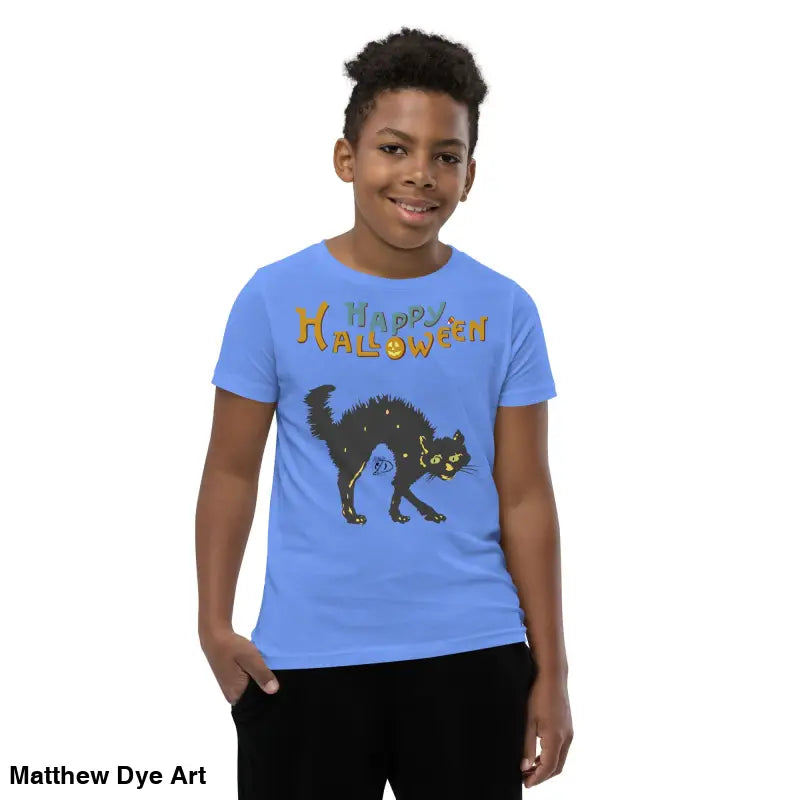 Blue youth Halloween short sleeve t-shirt featuring a happy Halloween black cat design