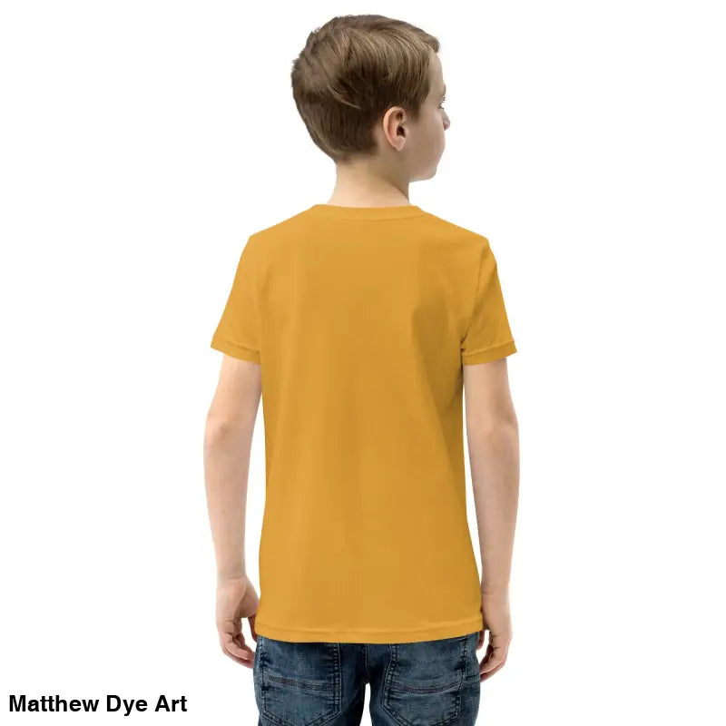 Youth-sized golden yellow t-shirt featuring Happy Halloween black cat design