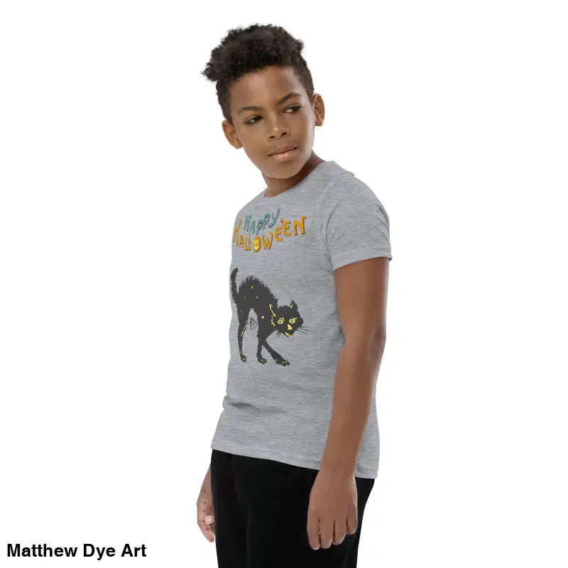 Gray youth Halloween short sleeve t-shirt featuring a happy Halloween black cat design