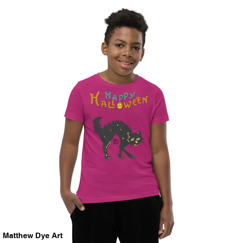 Youth Halloween short sleeve t-shirt featuring a happy Halloween black cat design