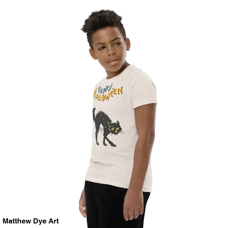 Youth Halloween short sleeve t-shirt featuring a happy Halloween black cat design