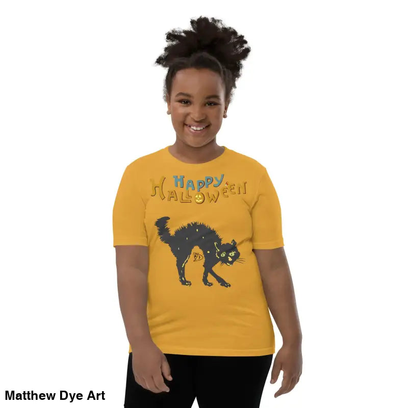 Youth Halloween short sleeve t-shirt in golden-yellow with Happy Halloween black cat design