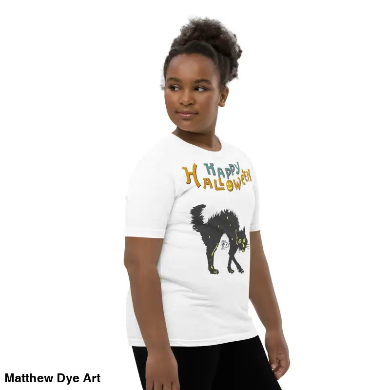White t-shirt with Halloween graphic featuring a happy Halloween black cat design
