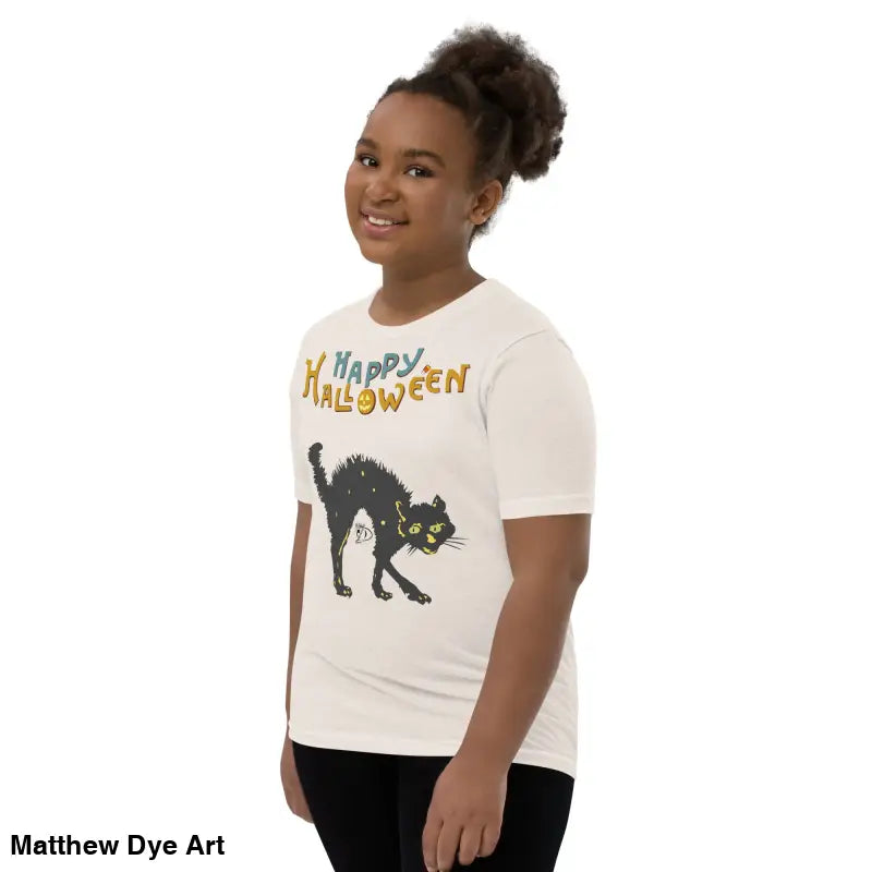 Girl’s Halloween-themed t-shirt featuring a happy Halloween black cat design for youth