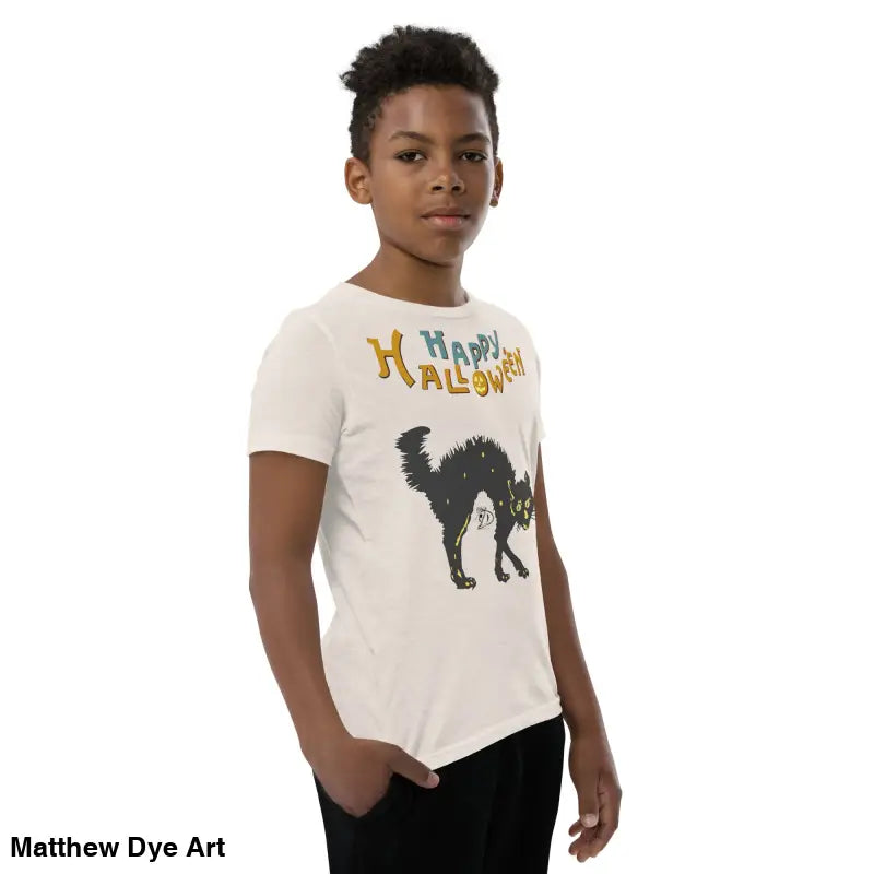 Child’s Halloween-themed t-shirt featuring a Happy Halloween black cat design