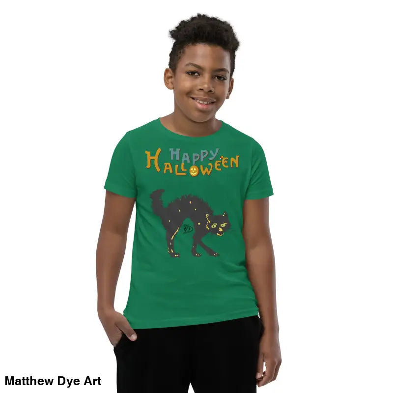 Green Halloween-themed t-shirt for youth featuring a happy Halloween black cat design