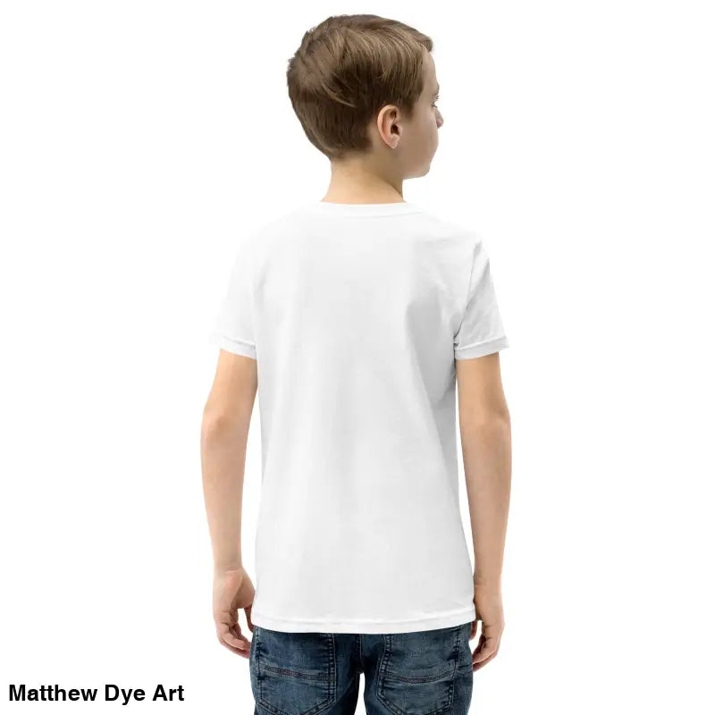 White youth Halloween short sleeve t-shirt featuring a happy Halloween black cat design
