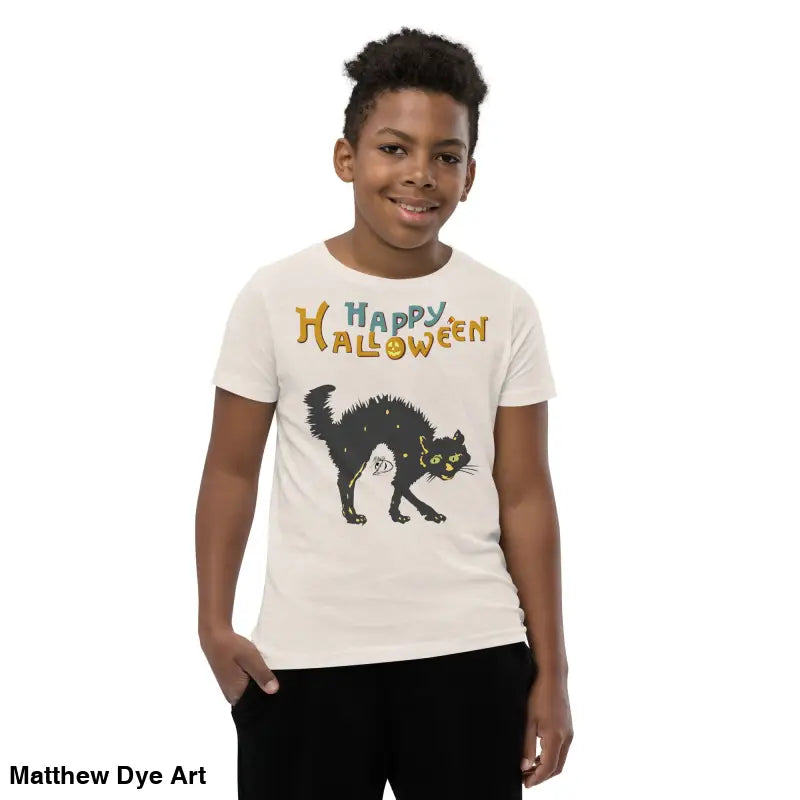 Youth Halloween short sleeve t-shirt featuring a happy Halloween black cat design