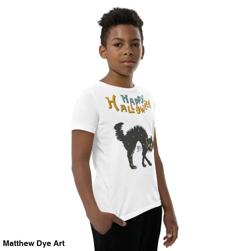 White youth Halloween short sleeve t-shirt with happy Halloween black cat design