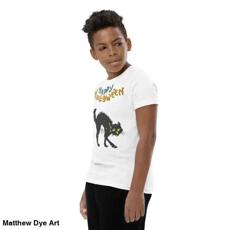 Youth Halloween short sleeve t-shirt featuring a happy Halloween black cat design