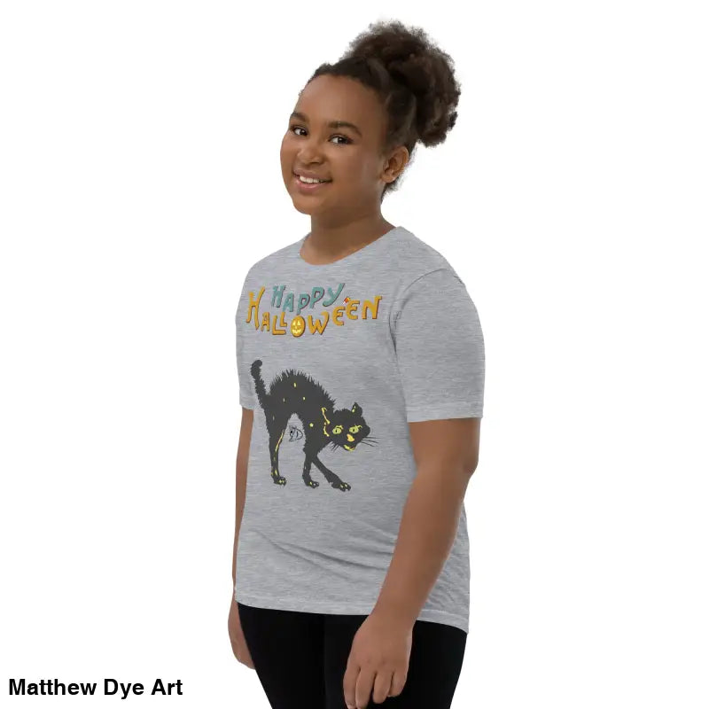 Gray youth Halloween short sleeve t-shirt featuring a happy Halloween black cat design