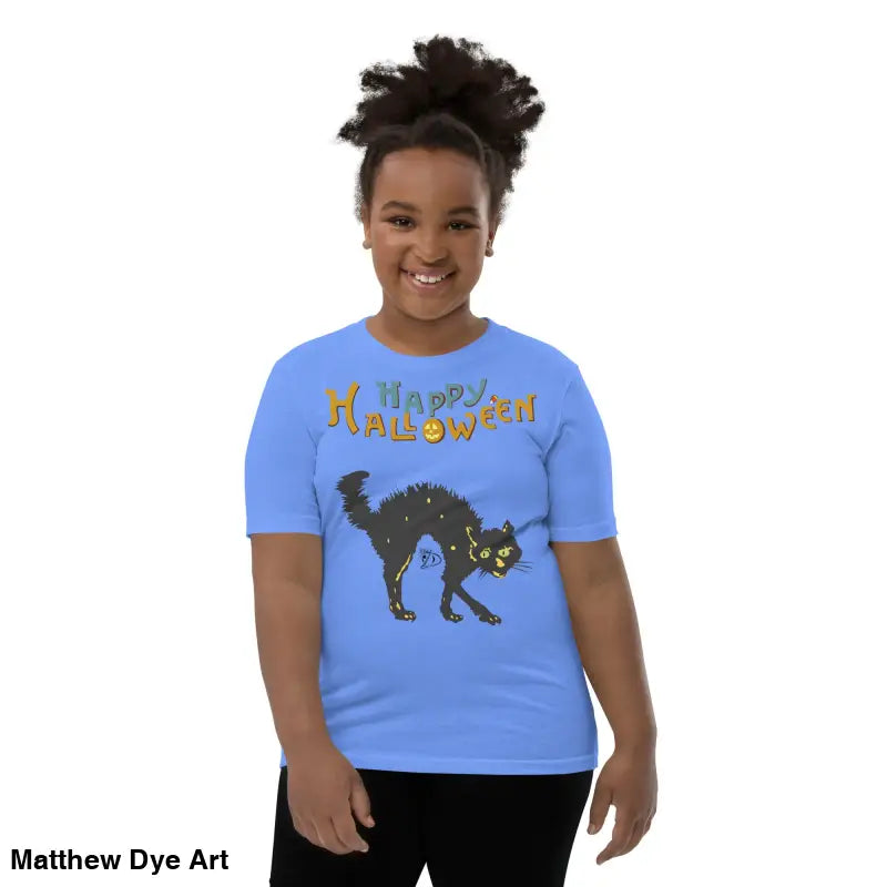 Blue youth Halloween short sleeve t-shirt featuring a happy Halloween black cat design