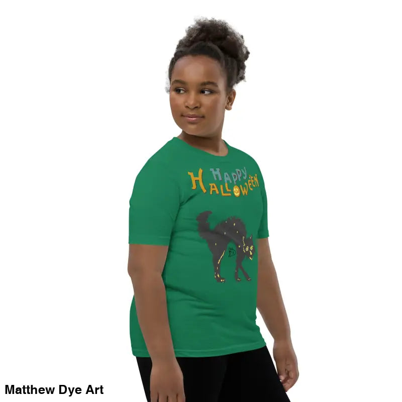 Green Halloween-themed youth t-shirt featuring a happy Halloween black cat design