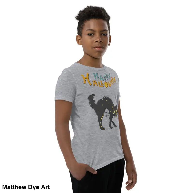 Gray youth Halloween short sleeve t-shirt featuring a happy Halloween black cat design