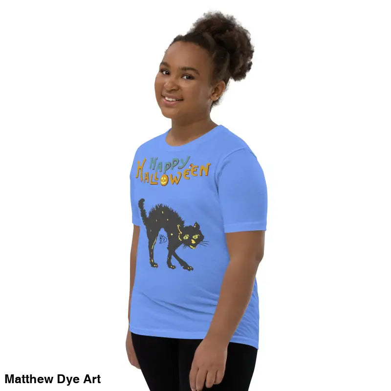 Blue Halloween-themed youth short sleeve t-shirt featuring a happy Halloween black cat design
