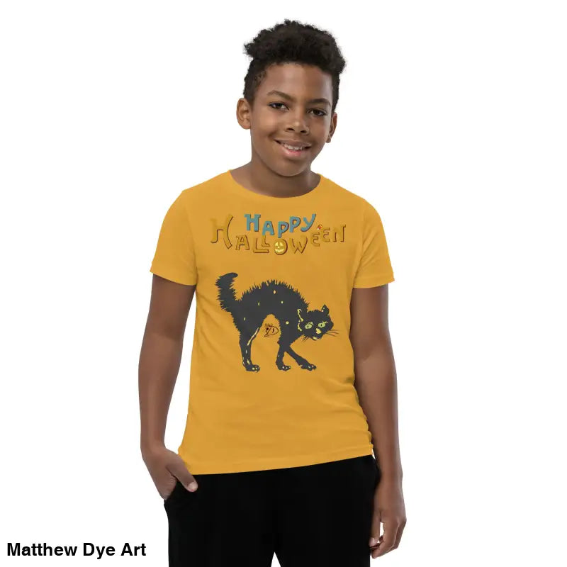 Youth Halloween short sleeve t-shirt featuring a happy Halloween black cat design
