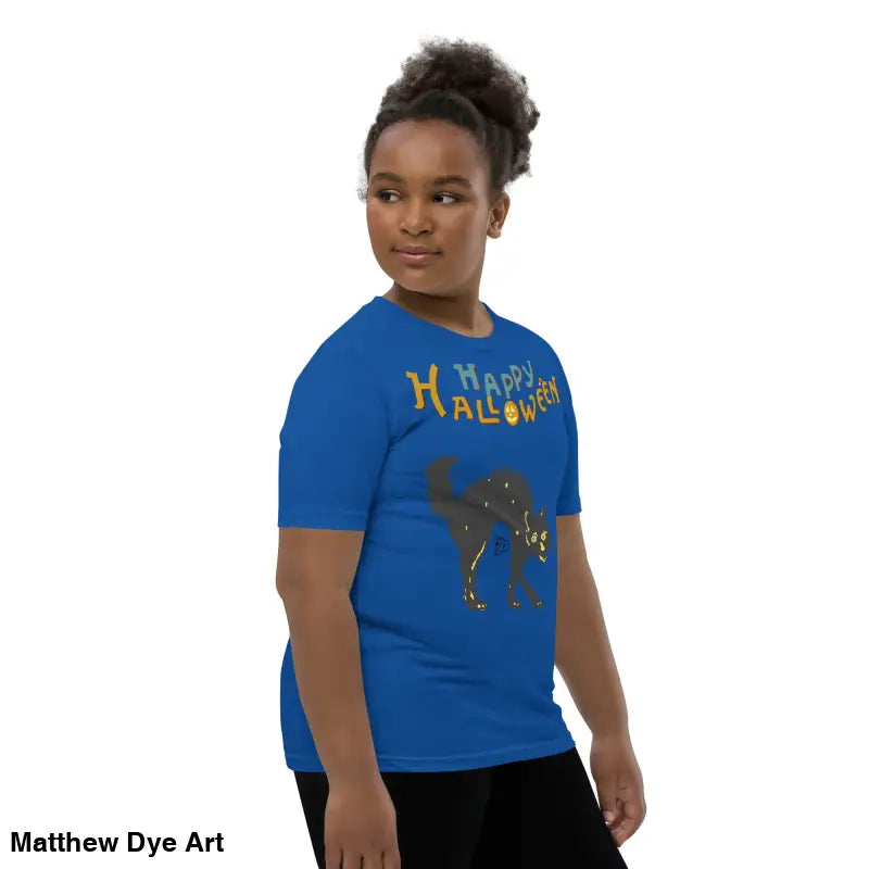 Blue youth Halloween short sleeve t-shirt featuring a happy Halloween black cat design