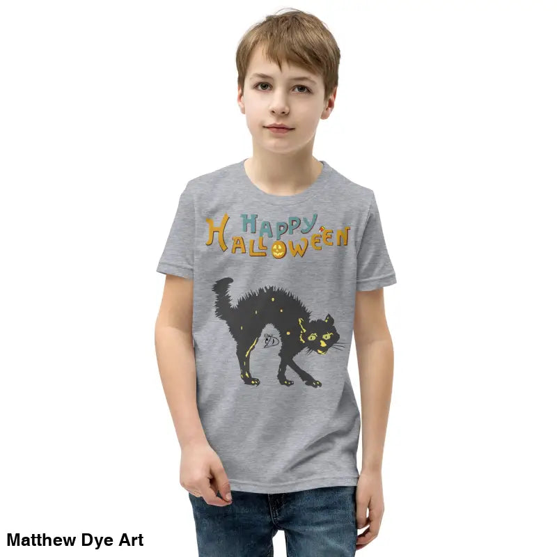 Gray Halloween-themed youth short sleeve t-shirt featuring a happy Halloween black cat design